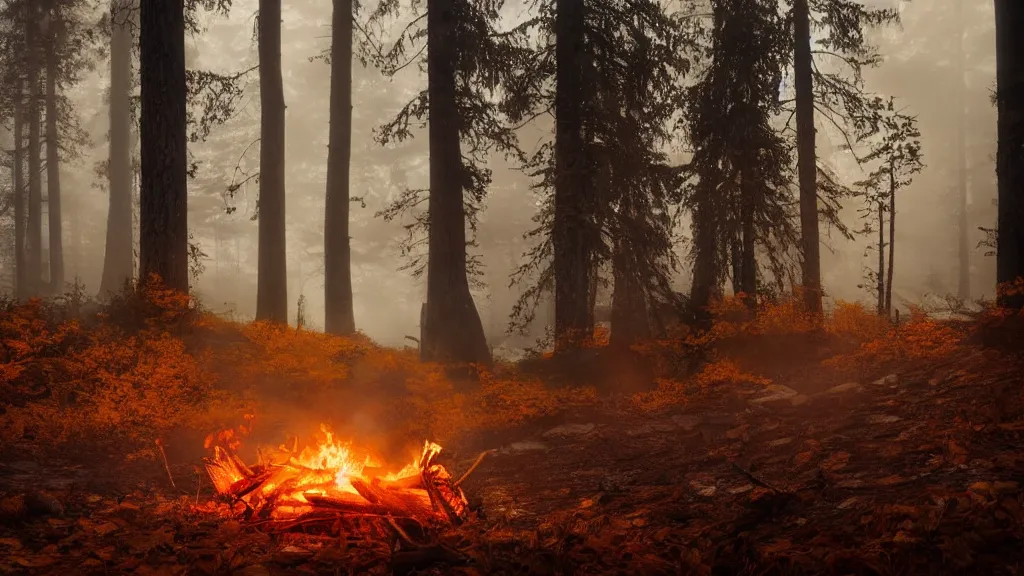 Prompt: beautiful closeup render of a campfire, unreal engine, smoke, sparks, evening, soft light, forest, hut, camp, fall, orange leaves, larches, early morning, fog, mist, by greg rutkowski, cgsociety