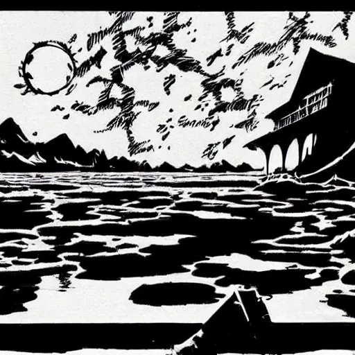 Prompt: A pitch black lake, reflecting the moon. Dark Fantasy, Film Noir, Black and White. High Contrast, Mike Mignola, D&D, OSR