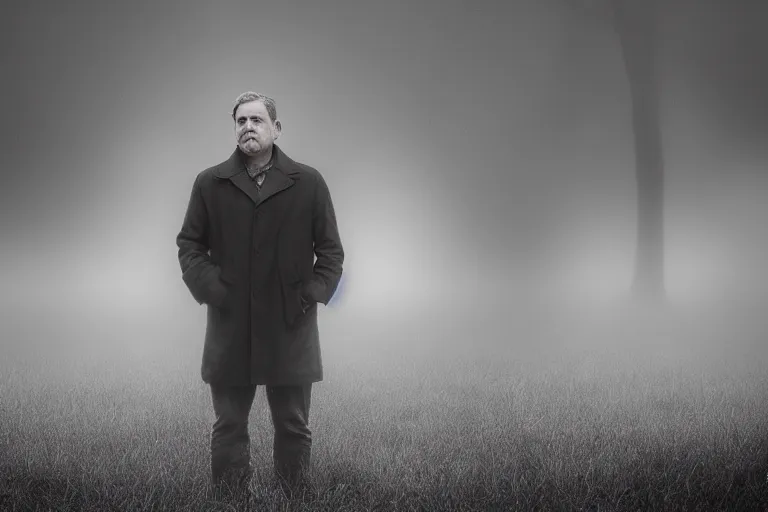 Prompt: a cinematic headshot portrait of a middle aged male stood in a fog filled field, ultra realistic, depth, beautiful lighting