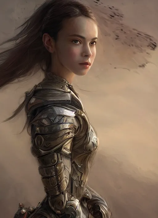 Image similar to a professional portrait of a beautiful young female, clothed in ethereal battle armor, olive skin, long dark hair, beautiful bone structure, symmetrical facial features, intricate, elegant, digital painting, concept art, smooth, sharp focus, finely detailed, illustration, from Valerian and the City of a Thousand Planets, in the style of Ruan Jia and Mandy Jurgens and Artgerm and Greg Rutkowski and William-Adolphe Bouguerea