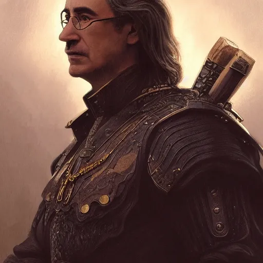 Image similar to portrait of stoic looking john oliver as vigo carpathian, military uniform, fantasy, intricate, elegant, highly detailed, centered, dark, smokey, charcoal painting, digital painting, artstation, concept art, smooth, sharp focus, illustration, art by artgerm and greg rutkowski and alphonse mucha