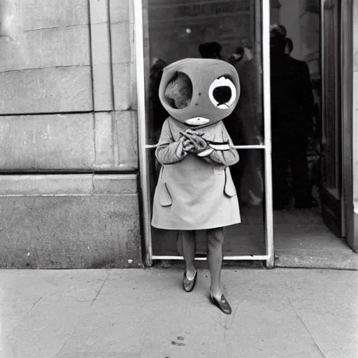 Image similar to a real photo by saul leiter of a small anthropomorphic dinosaur wearing a suit and standing in paris while holding a baguette, by helen levitt