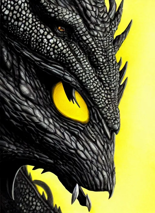 Image similar to closeup portrait of black dragon head with yellow eyes, ultra realistic, fantasy, magic, dnd,