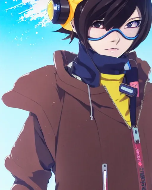 Image similar to Anime as Tracer Overwatch wearing snowboard mask, wearing brown leather coat || cute-fine-face, pretty face, realistic shaded Perfect face, fine details. Anime. realistic shaded lighting poster by Ilya Kuvshinov katsuhiro otomo ghost-in-the-shell, magali villeneuve, artgerm, Jeremy Lipkin and Michael Garmash and Rob Rey as Overwatch Tracer