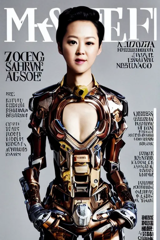 Prompt: a professional fashion magazine photo of Zhang Ziyi wearing a mecha armor suit