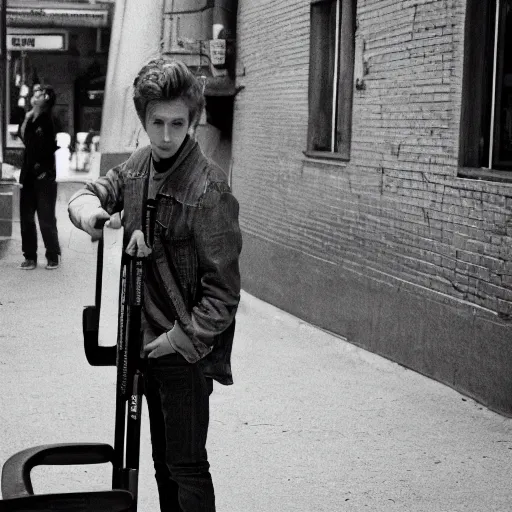 Image similar to photo of teenage ryan gosling sitting on a bench in a alley, wearing jacket, two crutches near bench, fullbody, street of moscow, shallow depth of field, cinematic, 8 0 mm, f 1. 8