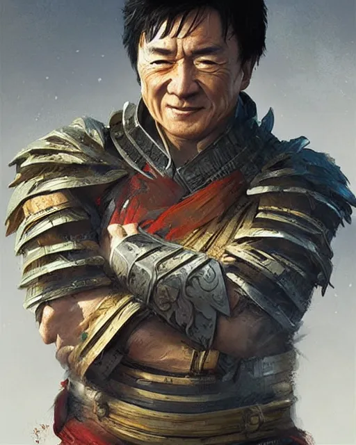 Image similar to a portrait of jackie chan in the style of a [ qin empire ] warrior!, art by greg rutkowski and artgerma, stunning! concept art, character design