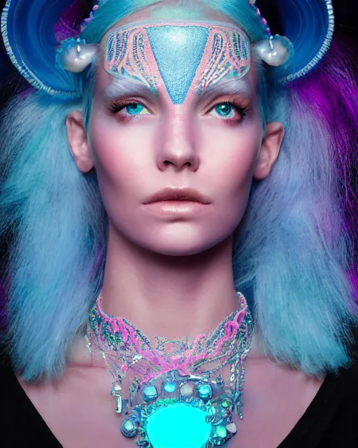 Image similar to natural light, soft focus portrait of a android with soft synthetic pink skin, blue bioluminescent plastics, smooth shiny metal, elaborate diamond ornate head piece, piercings, face tattoo, skin textures, by annie liebovotz, paul lehr,