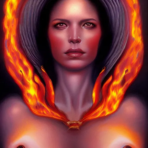 Image similar to A stunning portrait of a goddess with a body of flames by Jim Burns, 8K UHD, fantasy, Trending on artstation.