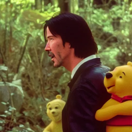 Image similar to A still of Keanu Reeves as Winnie the Pooh