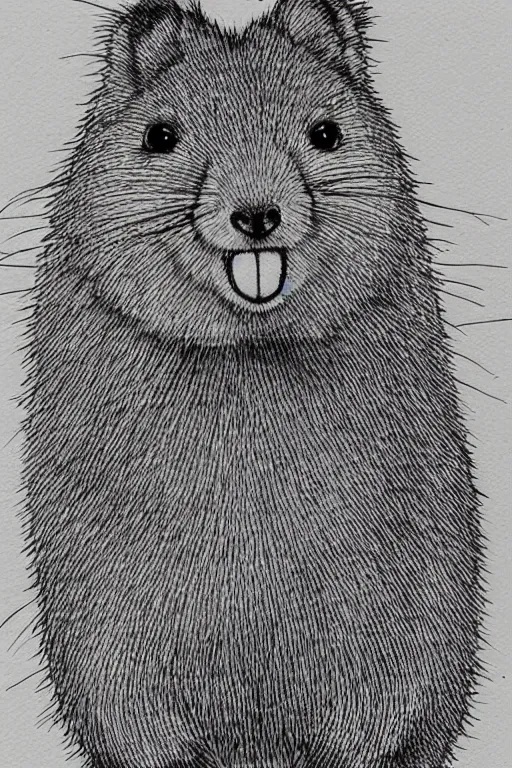 Image similar to portrait of a happy quokka, mcu, drawn with a single line, line drawing, art, minimalist, continuous line drawing, sakura pigma micron,