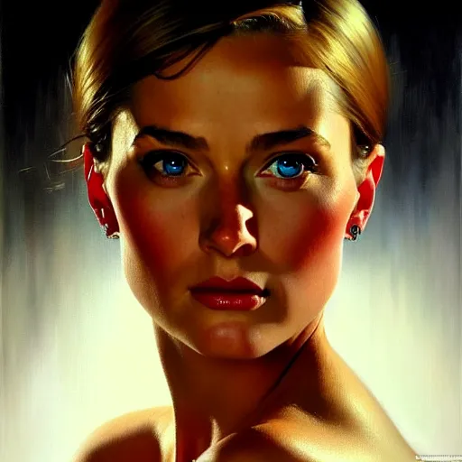 Image similar to close up face of a extremely beautiful bond female vam pire portrait, Masterpiece, oil on canvas, artgerm, norman rockwell, craig mulins, trending on pxiv,