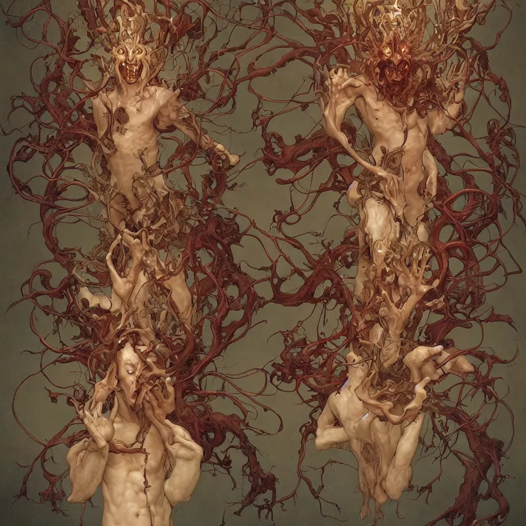 Prompt: epic photorealistic illustration of a nightmare fungus demon god, by james jean, by thomas blackshear, by artgerm and greg rutkowski and alphonse mucha. uhd, amazing depth, cinematic lighting, glossy wet levitating floating fungus god with arms outstretched.