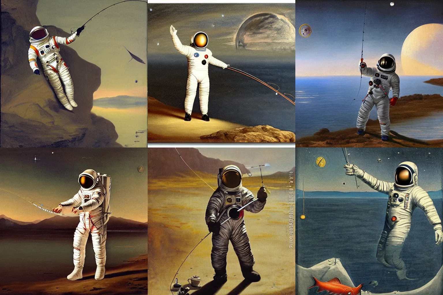 Image similar to astronaut in a spacesuit fishing and catching fish with a fishing rod from the crescent of the moon, realism, landscape