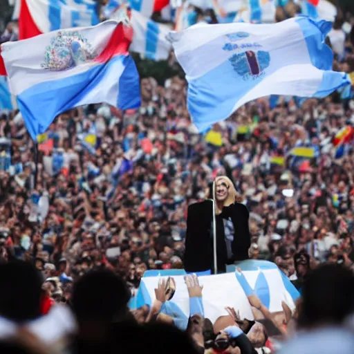 Image similar to Lady Gaga as president, Argentina presidential rally, Argentine flags behind, bokeh, giving a speech, detailed face, Argentina