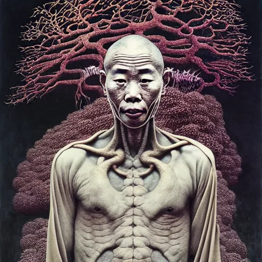Prompt: ancient japanese monk, by kiki smith, by zdzisław beksinski, by wangechi mutu, full body, third - person, zoomed out, mycelium, mycena acicula, tremella - fuciformis, insanely detailed and intricate, hypermaximalist, elegant, ornate, hyper realistic, super detailed