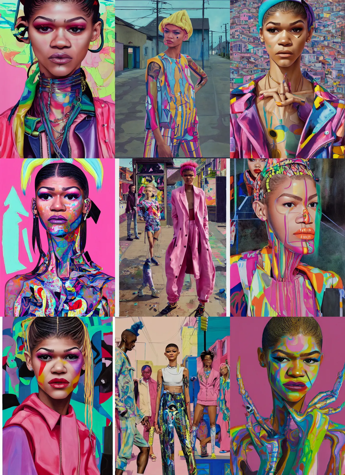 Prompt: still from music video of zendaya from die antwoord standing in a township street, street fashion clothing,! haute couture!, full figure painting by martine johanna, njideka akunyili crosby, rossdraws, pastel color palette, 2 4 mm lens