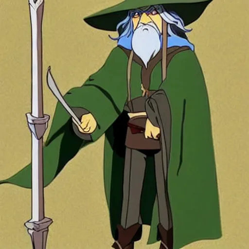 Image similar to gandalf from the anime lord of the rings (1986), holding a wooden staff, studio ghibli, very detailed, realistic