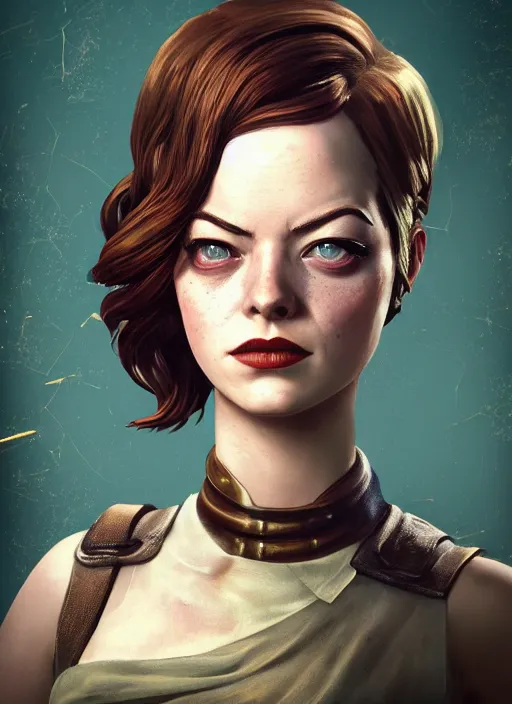 Image similar to Bioshock steampunk fallout portrait of Emma Stone, au naturel, hyper detailed, digital art, trending in artstation, cinematic lighting, studio quality, smooth render, unreal engine 5 rendered, octane rendered, art style by klimt and nixeu and ian sprigger and wlop and krenz cushart