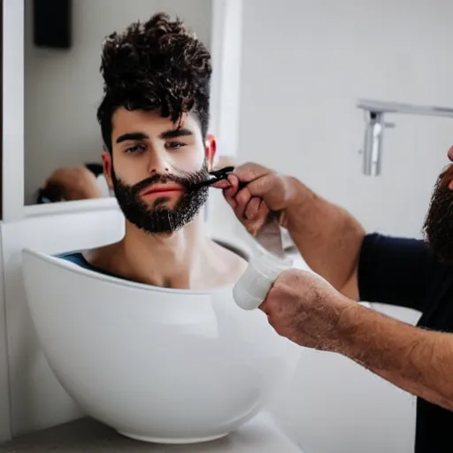 Prompt: man shaving beard into sink, beard hairs laying in the sink