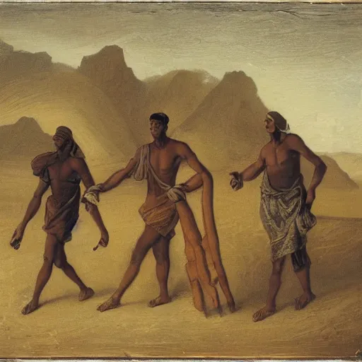 Prompt: Three men carrying a chest in the desert by finlay virgil