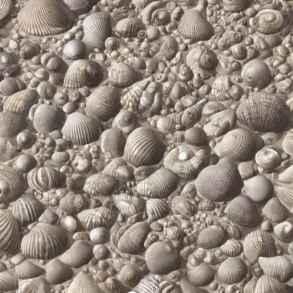 Image similar to geometric complex sea spiral shell designs by ernst haeckel, closeup, realistic cinema 4 d render, beach sand background, clear focus, very coherent, very detailed