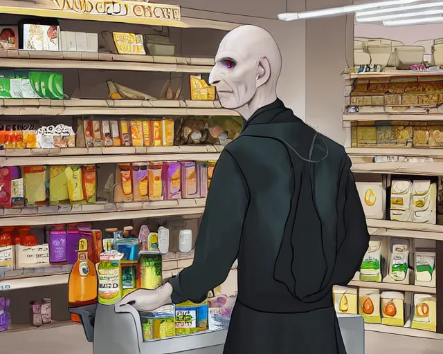 Image similar to Voldemort working in Sainsbury wearing an apron at the checkout counter, concept art, artstation