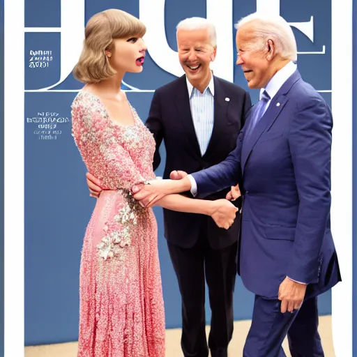 Image similar to taylor swift shaking hands with joe biden, 8 k uhd, cover of vouge magazine, perfect faces