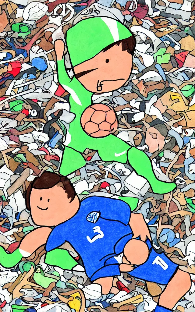 Image similar to poorly drawn soccer player surrounded by trash