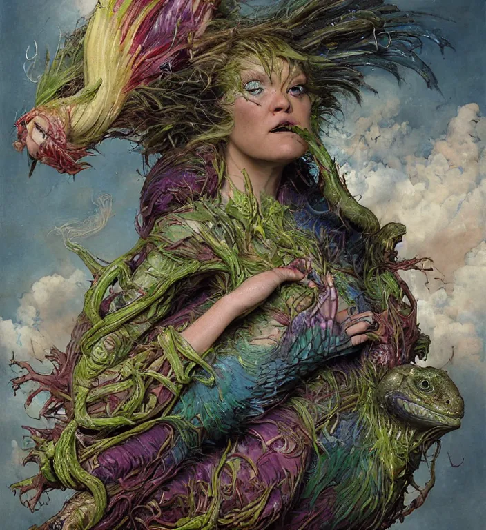 Image similar to a portrait photograph of julia stiles as a colorful harpy super hero with mutated slimy wet skin. she is trying on a amphibian creature suit and transforming into a feathered alien beast. by tom bagshaw, donato giancola, hans holbein, walton ford, gaston bussiere, peter mohrbacher and brian froud. 8 k, cgsociety