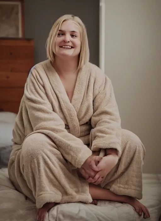 Image similar to homely but adorable blonde woman, slightly chubby, scar across left cheek, wearyworn but optimistic expression, wearing beige pajamas and robes