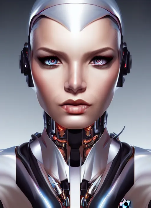 Image similar to portrait of a cyborg woman by Artgerm, (((((face turns left))))) face turns right, open eyes , biomechanical, hyper detailled, trending on artstation