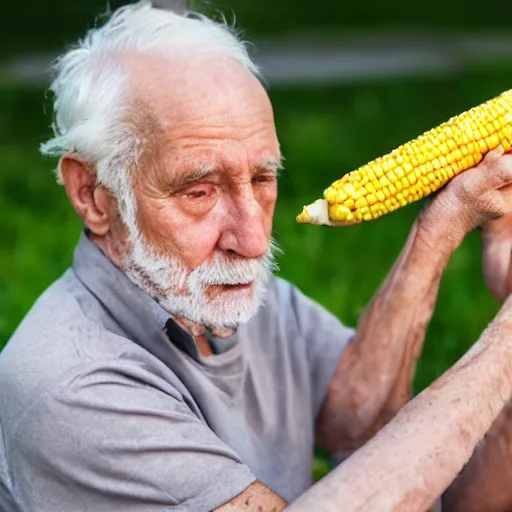 Image similar to old man eating an oddly shaped corn dog