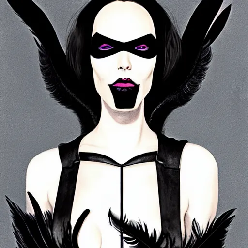 Prompt: portrait soft light, goth woman as mysterious supervillain in black leather jumpsuit, black feathers instead of hair, black wings instead of arms, black feathers growing out of skin, transforming, grinning lasciviously, evil, sexy, by frank mccarthy and conrad roset, inspired by flash gordon, paintbrush, rough paper, fine,