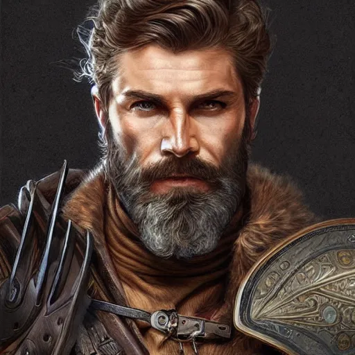 Image similar to portrait of a young, ruggedly handsome ranger, muscular, half body, leather, hairy, d & d, fantasy, intricate, elegant, highly detailed, digital painting, artstation, concept art, smooth, sharp focus, illustration, art by artgerm and greg rutkowski and alphonse mucha