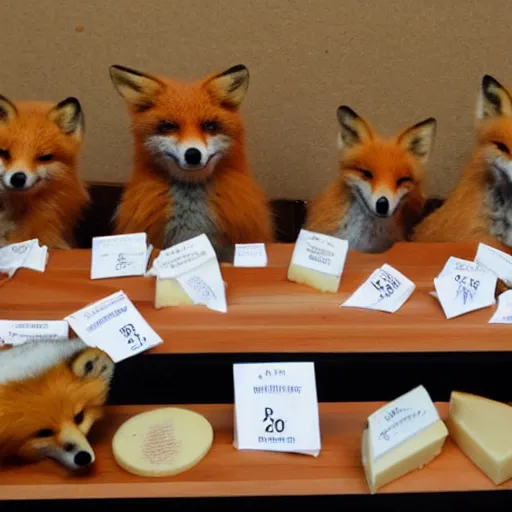 Prompt: foxes judging a cheese competition, furry, cute