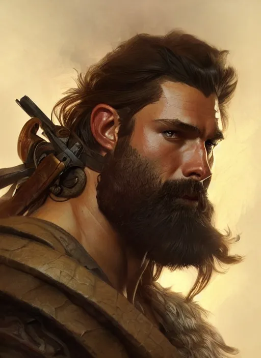 Image similar to Portrait of rugged male ranger, D&D, muscular, fantasy, intricate, elegant, highly detailed, digital painting, artstation, concept art, smooth, sharp focus, illustration, art by artgerm and greg rutkowski and alphonse mucha