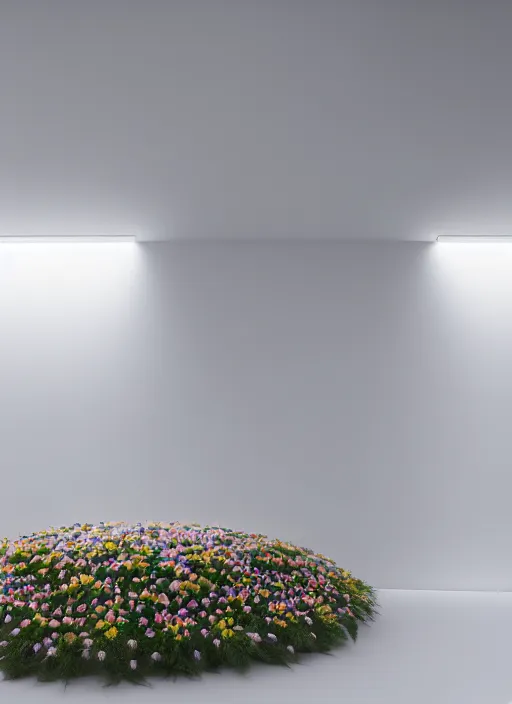 Prompt: bright white zen room full of flowers and soft - rainbow light, well contoured smooth fair walls, up close shot, sharp focus, global illumination, radiant light, zaha hadid, irakli nadar, octane highly render, 4 k, ultra hd,