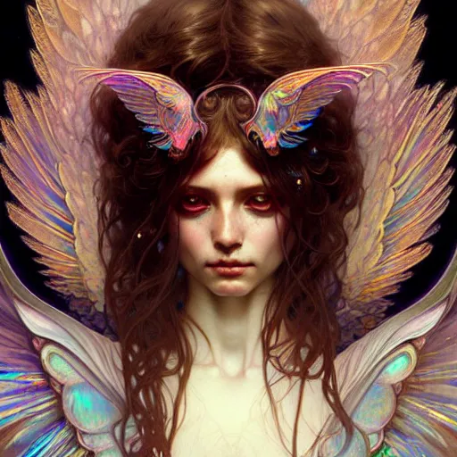 Image similar to iridescent seraphim covered with eyes and wings, photorealistic, fantasy, intricate, elegant, highly detailed, digital painting, artstation, concept art, smooth, sharp focus, illustration, art by Krenz Cushart and Artem Demura and alphonse mucha