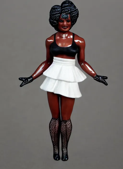 Image similar to Product Introduction Photos, 4K, Long view, Full body, 80mm resin detailed miniature of a Muscular Black Woman in white and lacy ruffled mini-skirt