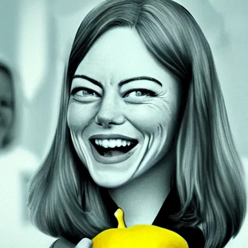 Prompt: a banana fruit that has the accurate facial expressions of emma stone on it, dark humor, dalle 2 generation