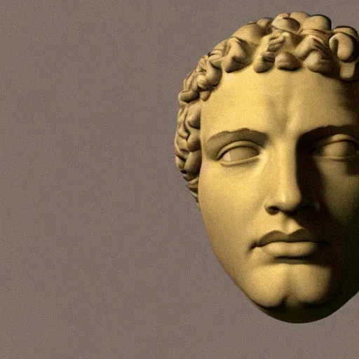 Prompt: a 3 d render of the head of david statue wearing a neon ring around the head, in the style of michelangelo