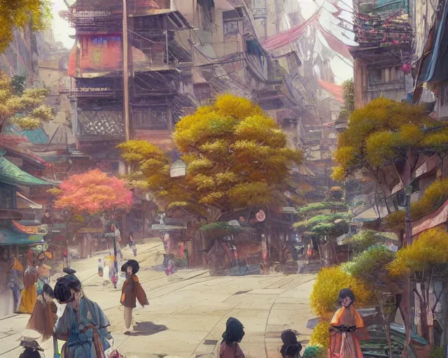 Image similar to street-level view of a colorful kitsune city, bamboo, flowers, anime, fox people, a fantasy digital painting by Greg Rutkowski and James Gurney, trending on Artstation, highly detailed