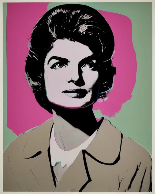 Prompt: beautiful fantasy character portrait, jacqueline kennedy silk screen print by andy warhol, wearing oversized puffy pink bomber jacket and black bikini, ultra realistic, wide angle, seductive pose, cyberpunk artifacts, highly detailed by peter mohrbacher, hajime sorayama, wayne barlowe, boris vallejo, aaron horkey, gaston bussiere, craig mullins