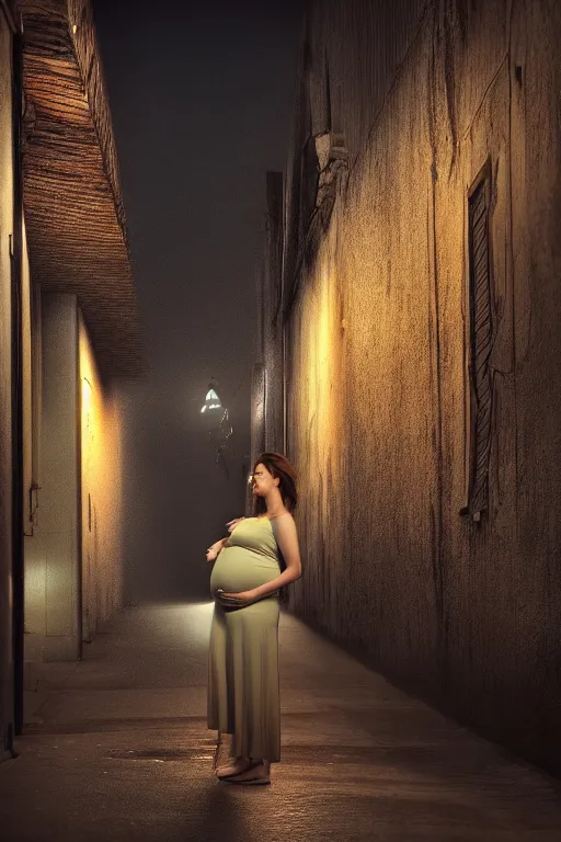 Image similar to pregnant woman under street light, highly detailed, sharp focused, ultra realistic digital concept art, cinematic shot, 4k.