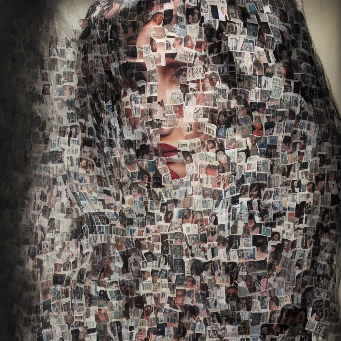 Image similar to a closeup portrait of a woman wearing a cloak made of photographs, staring at an empty swing, by vincent desiderio, canon eos c 3 0 0, ƒ 1. 8, 3 5 mm, 8 k, medium - format print