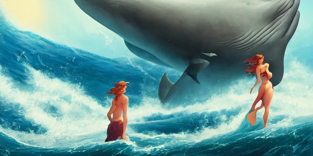 Prompt: close up of a beautiful girl on the horizon, looking at camera, model pose, slightly smiling, big wave, big whale fighting against sharks on the background, by peter mohrbacher and makoto shinkai and ferdinand knab