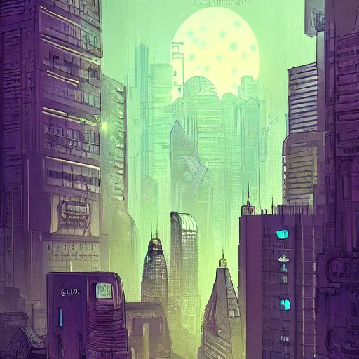 Image similar to cityscape of cyberpunk warsaw, dystopian, ethereal lighting, night time, haze, josan gonzales