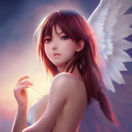 Image similar to an oil painting of a beautiful anime girl with angel wings, by artgerm, hd, hdr, ue 5, ue 6, unreal engine 5, cinematic 4 k wallpaper, 8 k, ultra detailed, high resolution, artstation, award winning