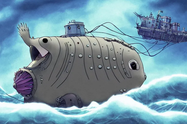 Prompt: cell shaded cartoon of a giant lovecraftian mechanized grey sunfish from howl's moving castle ( 2 0 0 4 ), in an icy river, full body, wide shot, very muted colors, post grunge, studio ghibli, highly detailed, deviantart, art by artgem